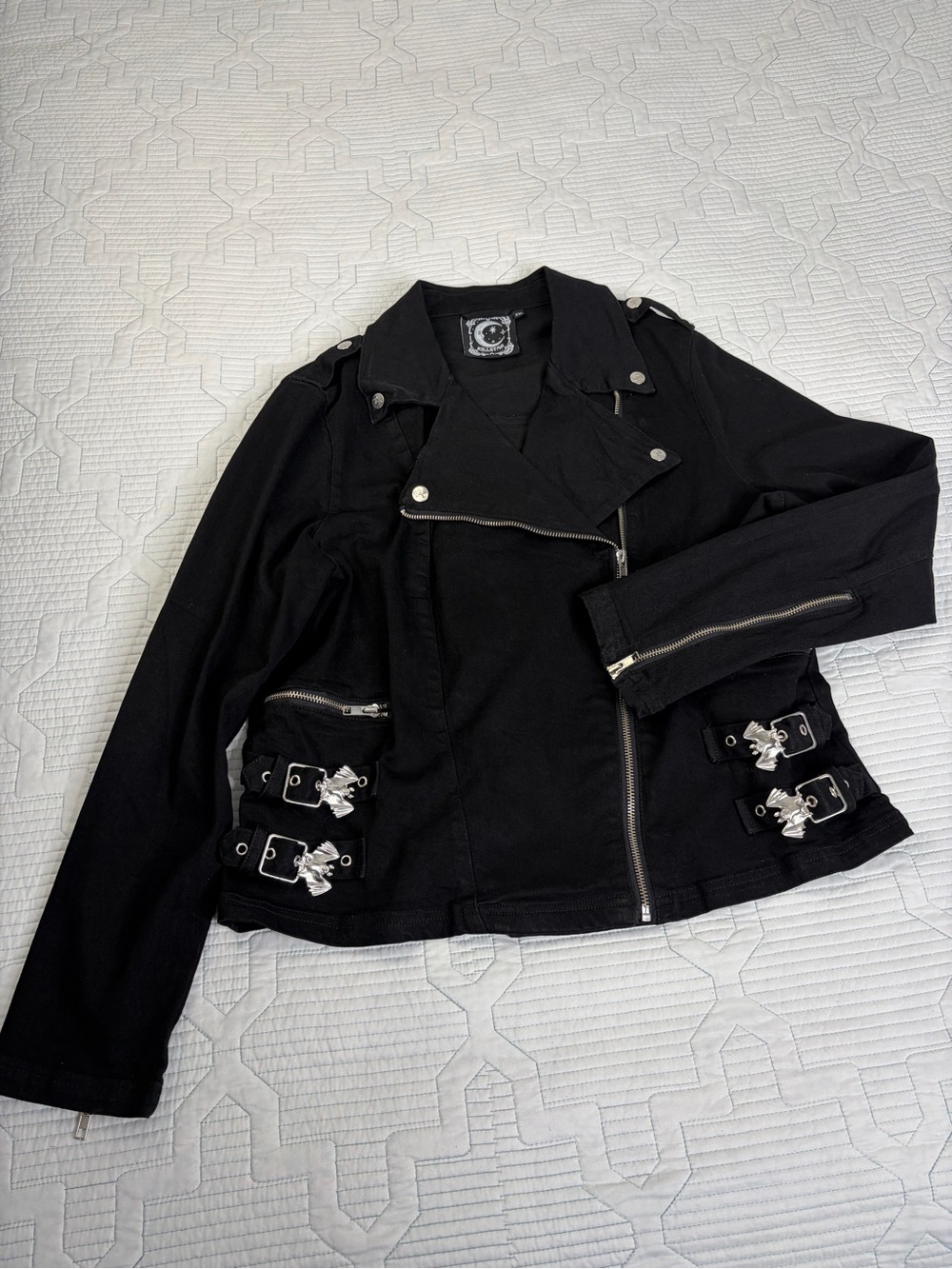 Killstar Endless Sleep Moto Biker Jacket Bat Detail Y2K Goth Black Sz XXL